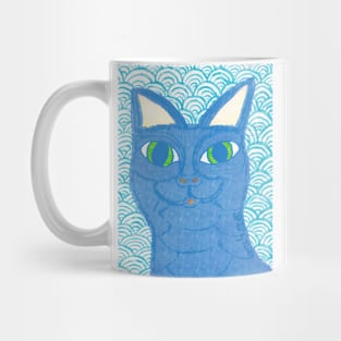 Blue cat with Japanese waves Mug